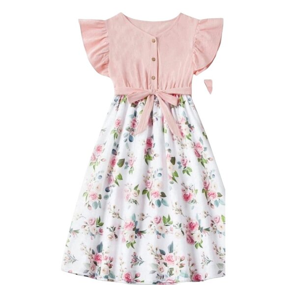 PatPat Adult Small Dress Pink Mosaic Flutter Sleeve Rose PInk Floral Mommy & Me - Picture 11 of 13